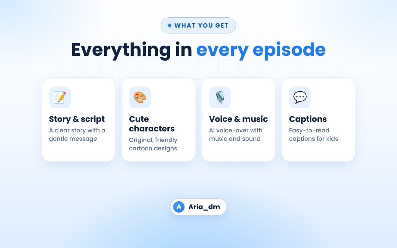 What every episode includes: story, characters, voice, music and captions