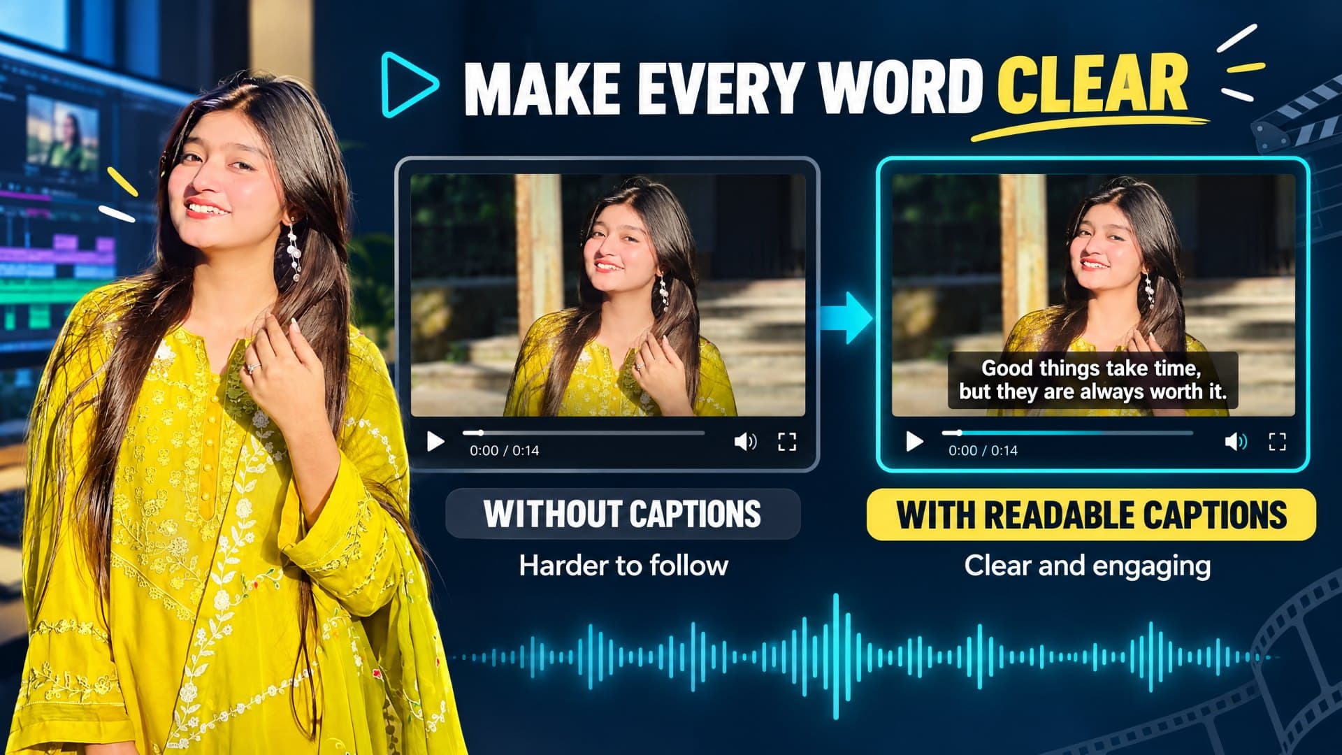 Readable captions for interviews, lessons, and talks.
