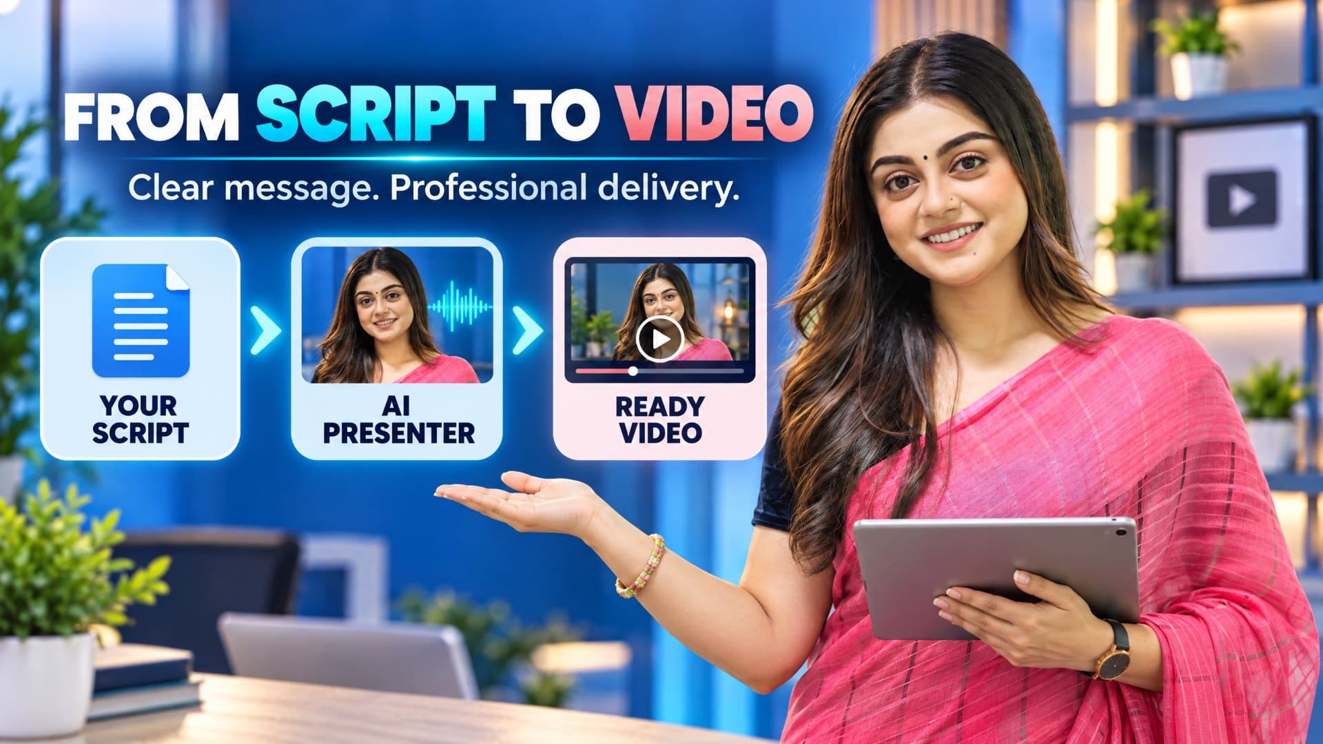 From your script to a professional AI presenter video.