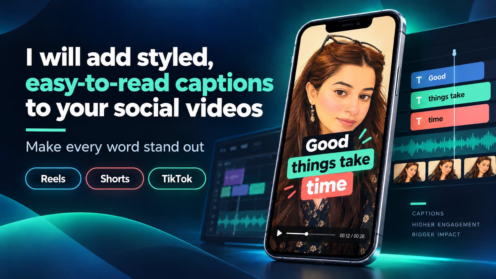 Styled, easy-to-read captions added to a social video