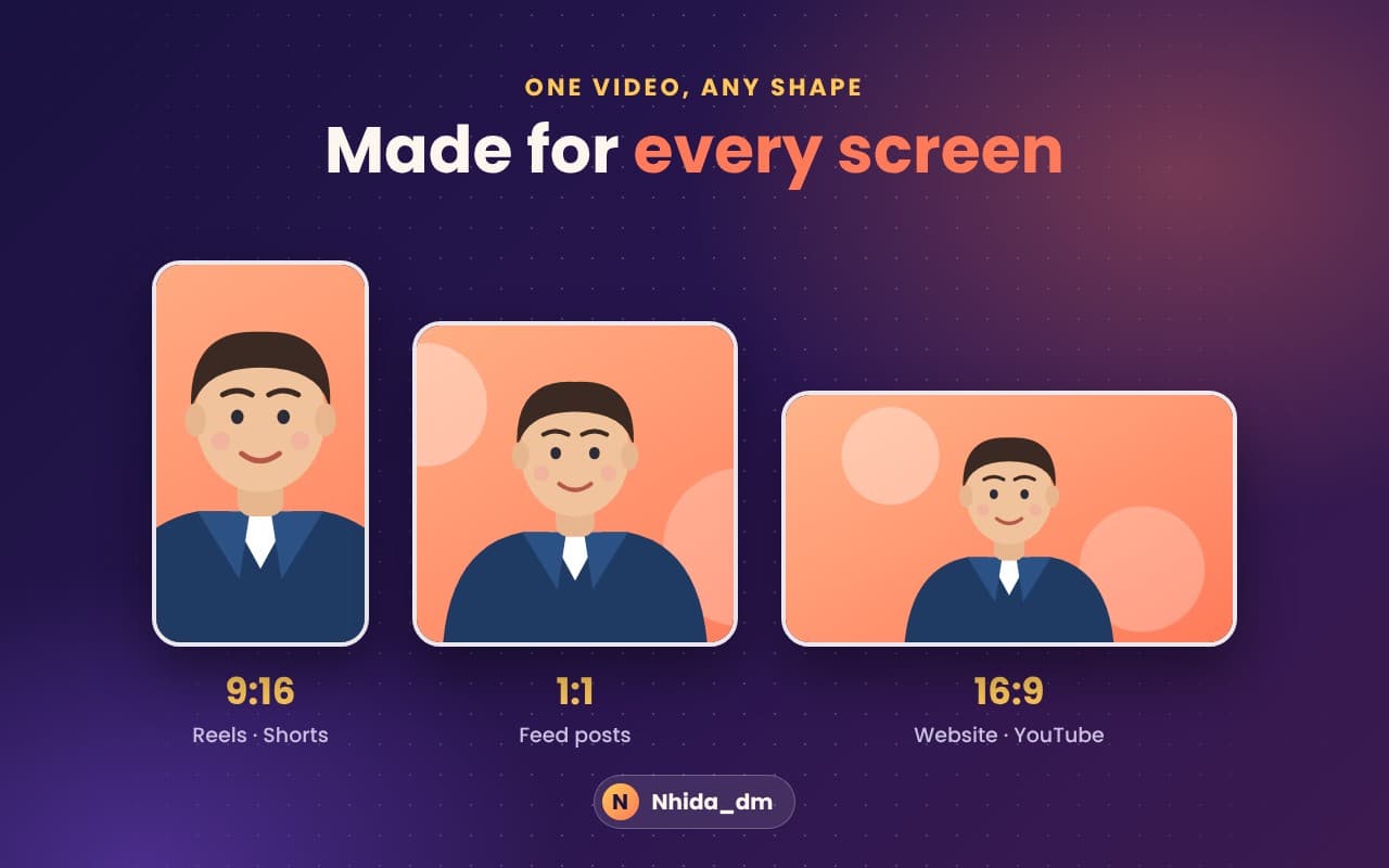 The same AI presenter video in 9:16, 1:1 and 16:9 formats